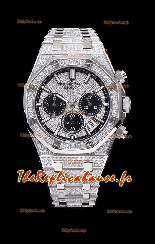 Montre suisse Audemars Piguet Royal Oak Chronograph 41MM à quartz avec boîtier en acier incrusté de diamants