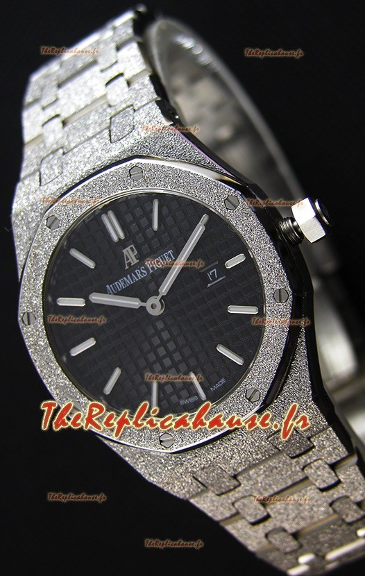 Montre Audemars Piguet Royal Oak Blanc Or givré à Quartz avec Cadran Noir Réplique à l’identique 1:1 -33 mm 