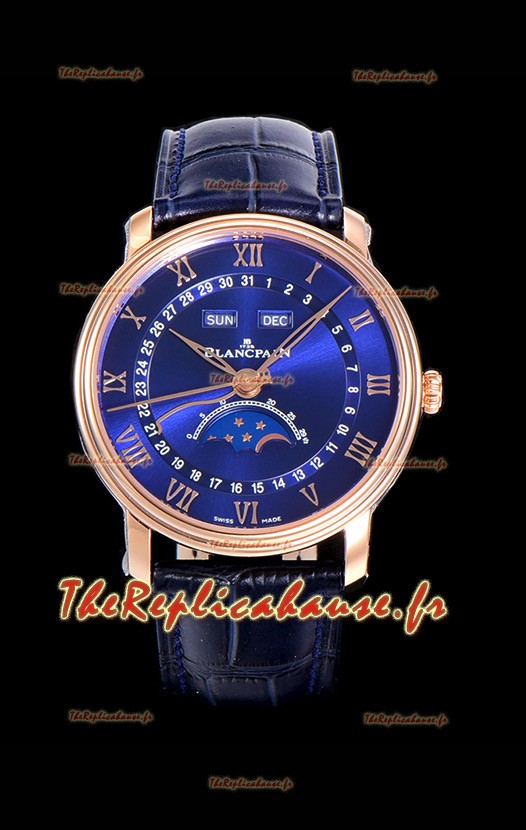 Montre Blancpain "Villeret Quantième Complet" en acier 904L et or rose avec cadran bleu