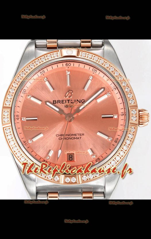 Breitling Chronomat 36MM Boîtier or rose 2 tons Réplique de montre miroir 1:1 Cadran saumon