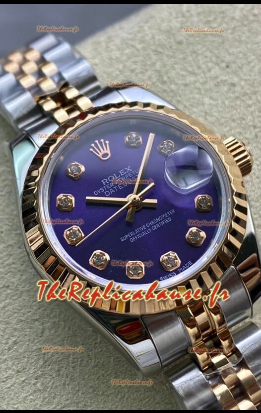 Rolex Datejust 28MM Réplique Suisse en or rose 904L, boîtier bicolore, cadran violet - Réplique miroir 1:1