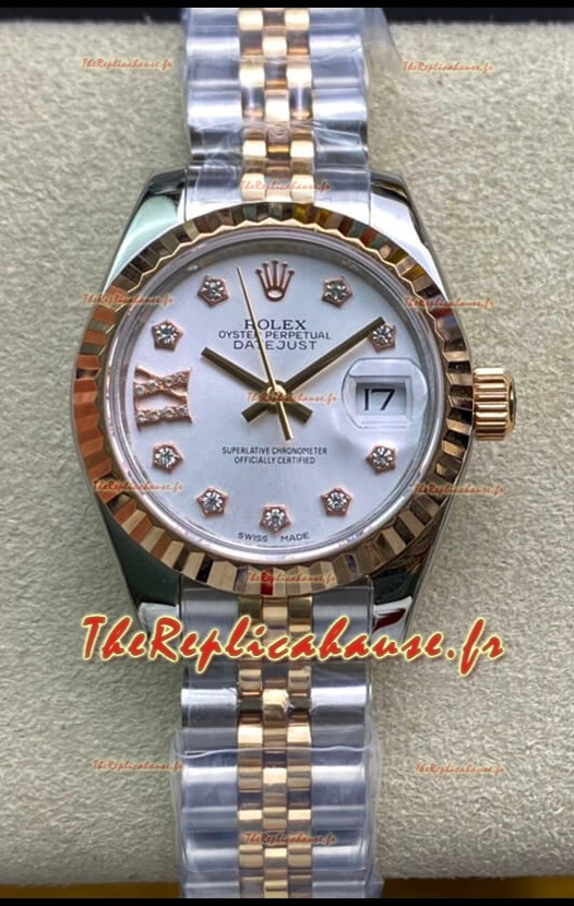 Rolex Datejust 28MM Réplique Suisse en Acier 904L 2 tons or rose avec cadran blanc - Réplique Miroir 1:1