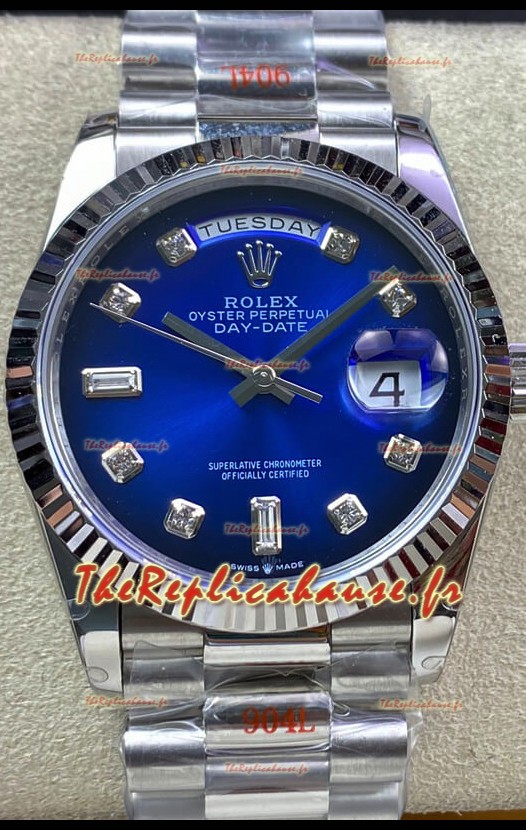 Réplique Rolex Day Date 36MM M128239-0023 en acier 904L avec cadran bleu et miroir 1:1