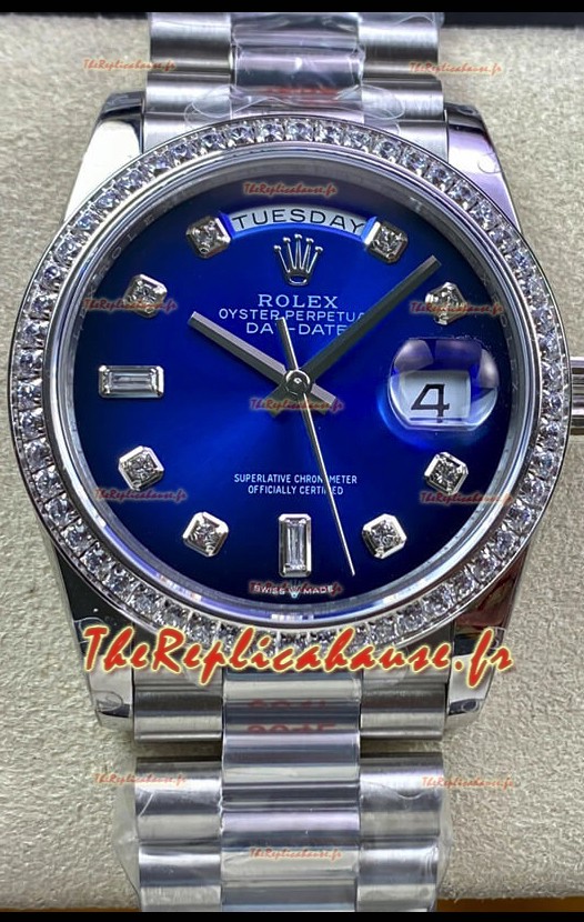 Réplique de la montre Rolex Day Date 36MM M128239-0023 904L en acier, cadran bleu, miroir 1:1