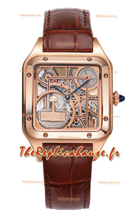 Montre Cartier Santos Dumont Squelette en or rose sur bracelet cuir marron 43.5MM