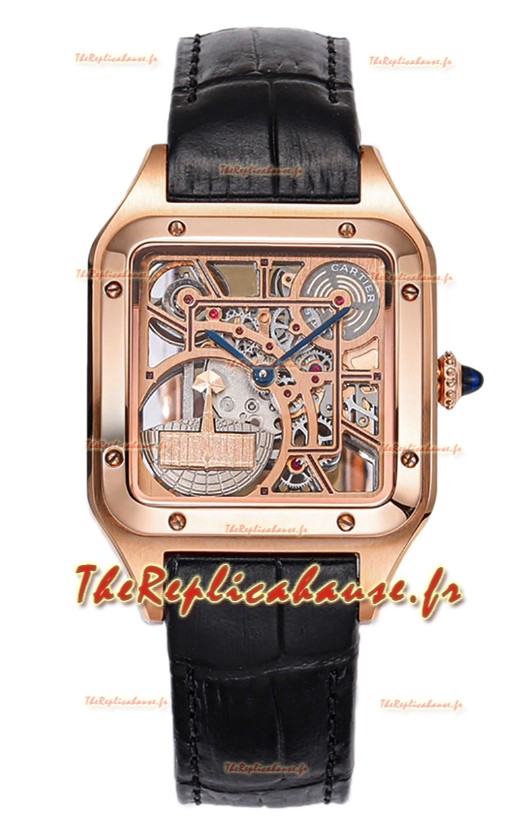 Montre Cartier Santos Dumont Squelette en or rose sur bracelet cuir noir 43,5 mm