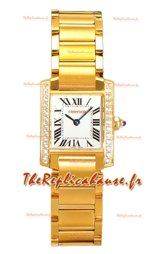 Cartier Tank Francaise Or Jaune Lunette Diamants Montre Suisse à Quartz Réplique 25.70MM