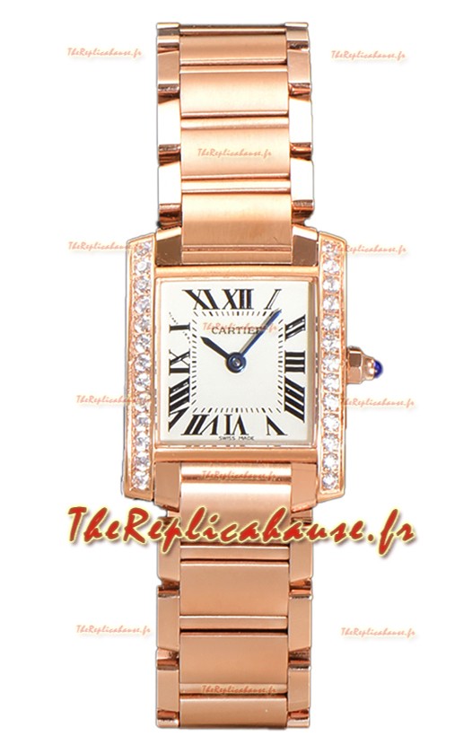 Cartier Tank Française Or Rose Lunette Diamants Suisse Quartz Réplique Montre 25.70MM