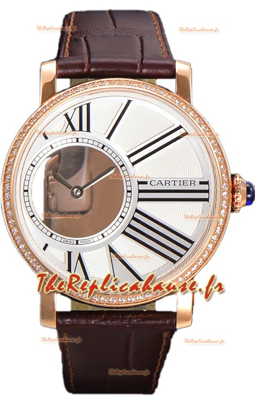 Rotonde De Cartier en boîtier or rose - bracelet cuir Réplique de montre suisse à quartz 