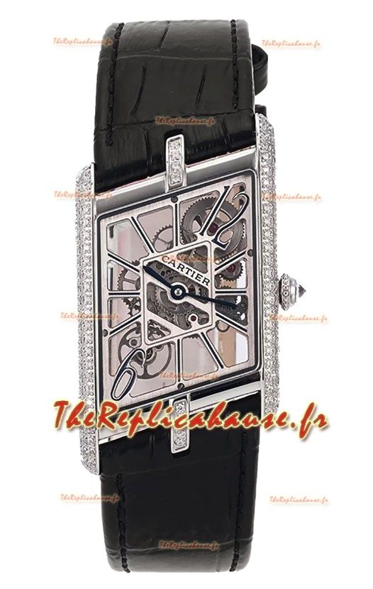 Cartier Tank Asymétrique Montre en acier inoxydable avec lunette en diamants et bracelet en cuir Réplique Suisse
