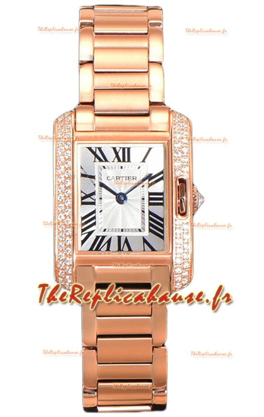 Montre Cartier Tank Anglaise Or Rose sur Bracelet Acier Lunette Diamants Montre Suisse à Quartz 30MM