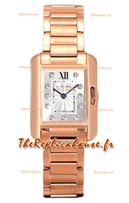 Cartier - Tank Anglaise - Montre or rose sur bracelet acier avec index en diamants Montre suisse à quartz 30 mm