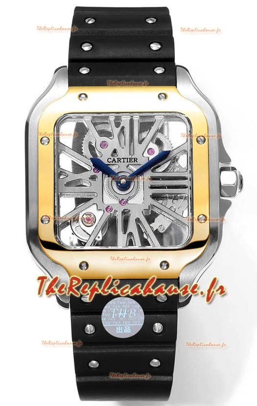 Montre Santos de Cartier avec cadran squelette - lunette bicolore - bracelet caoutchouc 