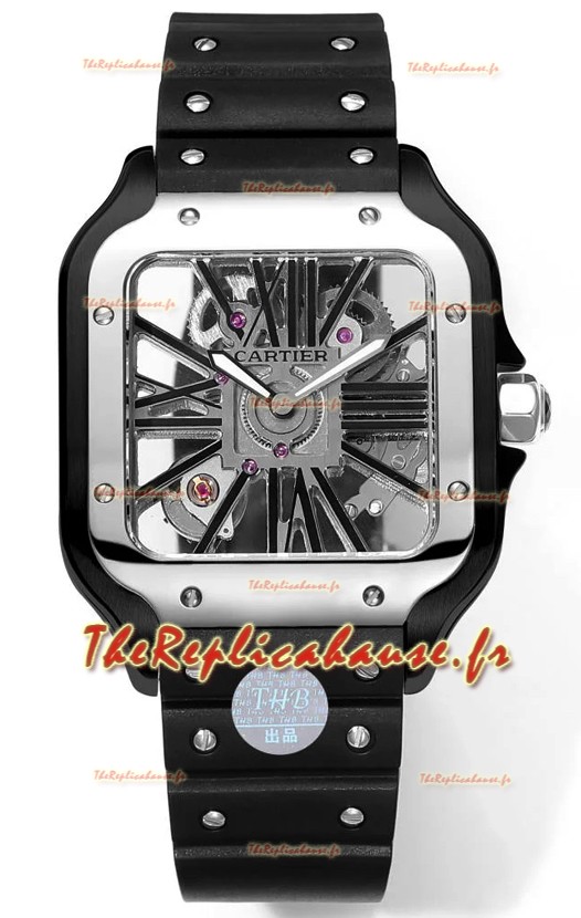 Montre Santos de Cartier avec cadran squelette - boîtier et lunette en acier revêtus de DLC - bracelet en caoutchouc