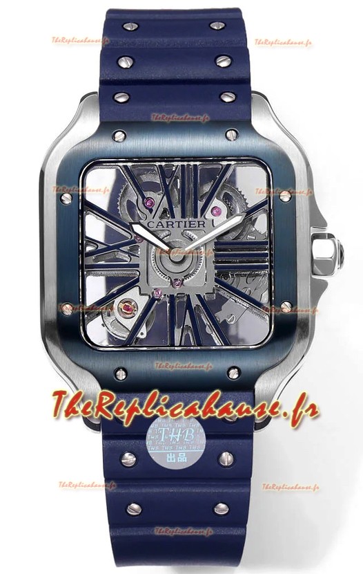 Montre Santos de Cartier - Cadran squelette - Boîtier acier inoxydable - Bracelet caoutchouc