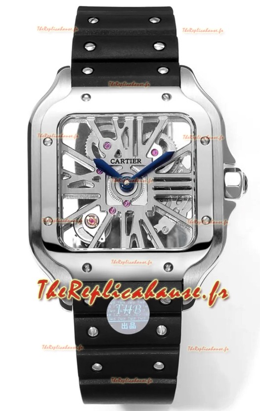 Montre Santos de Cartier avec cadran squelette - boîtier et lunette en acier inoxydable - bracelet en caoutchouc noir