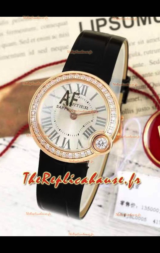 Ballon Blanc De Cartier Montre Suisse Quartz Réplique Lunette Diamants Boîtier Or Rose Bracelet Cuir 