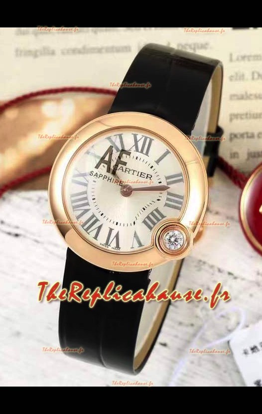 Ballon Blanc De Cartier Montre Suisse à Quartz Réplique avec Boîtier Or Rose Bracelet Cuir 