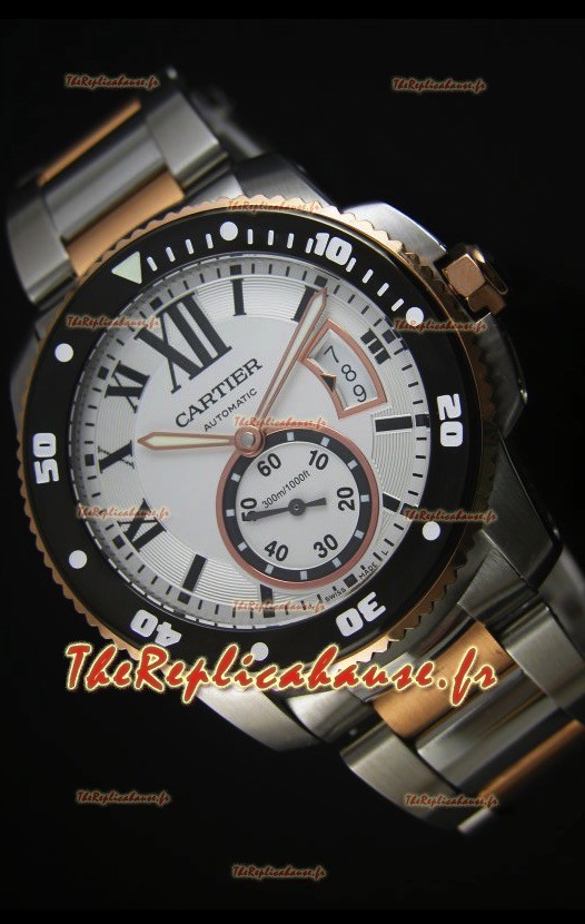 Calibre De Cartier 42mm, Cadran Noir-Boîtier deux Tons-Cadran Blanc-Montre Réplique Miroir 1:1