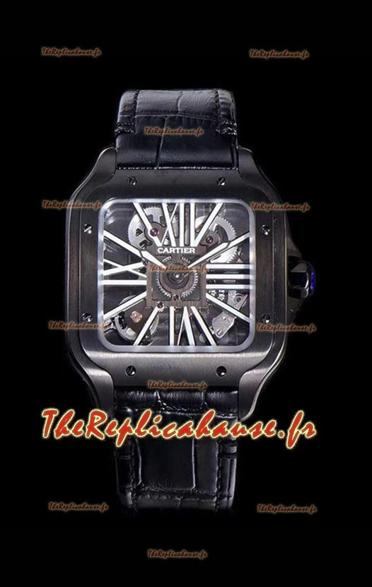 Montre squelette Cartier Santos DUMONT en noir DLC Montre à mouvement suisse avec boîtier recouvert 