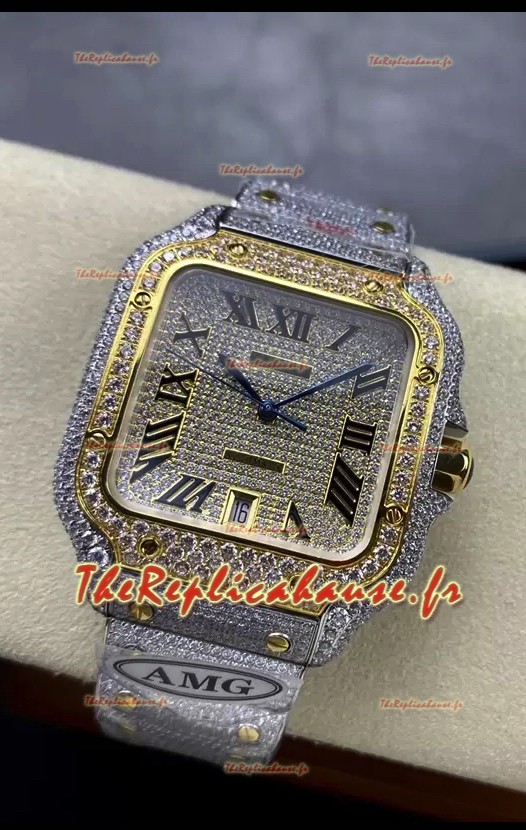 Cartier "Santos De Cartier" Acier 904L Diamants Cadran Romain Réplique miroir 1:1 - 40MM - Diamants véritables