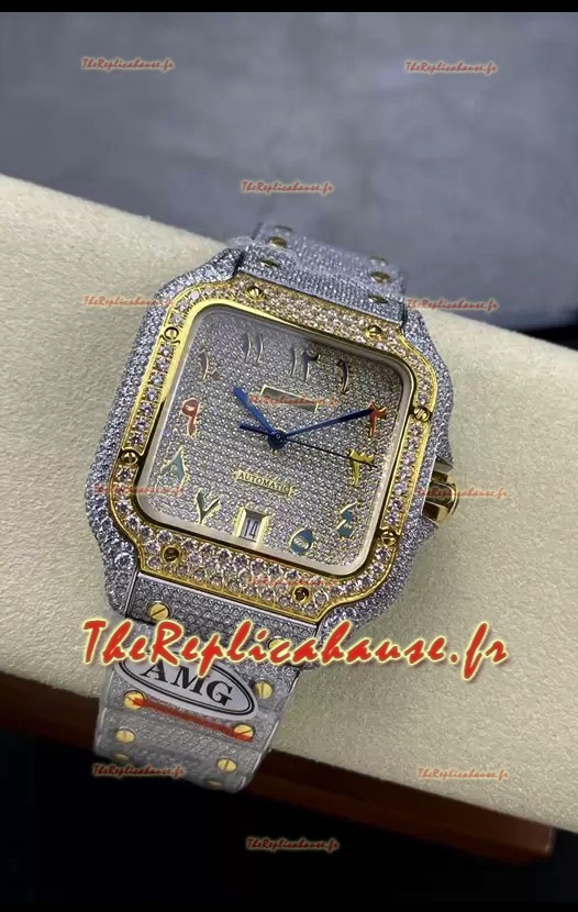 Cartier "Santos De Cartier" 904L Acier Diamants Cadran Arabe Coloré Réplique miroir 1:1 - 40MM - Diamants Véritables