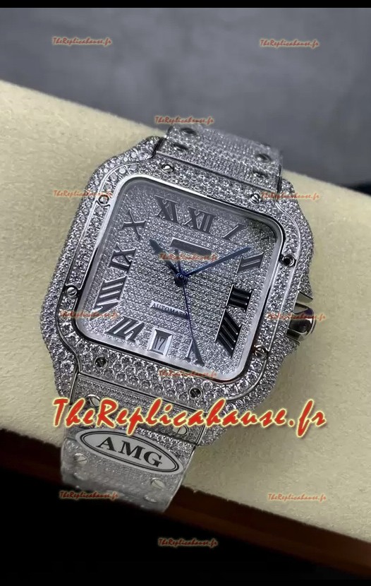 Cartier "Santos De Cartier" 904L Acier Diamants Cadran Romain Réplique miroir 1:1 - 40MM - Diamants Véritables