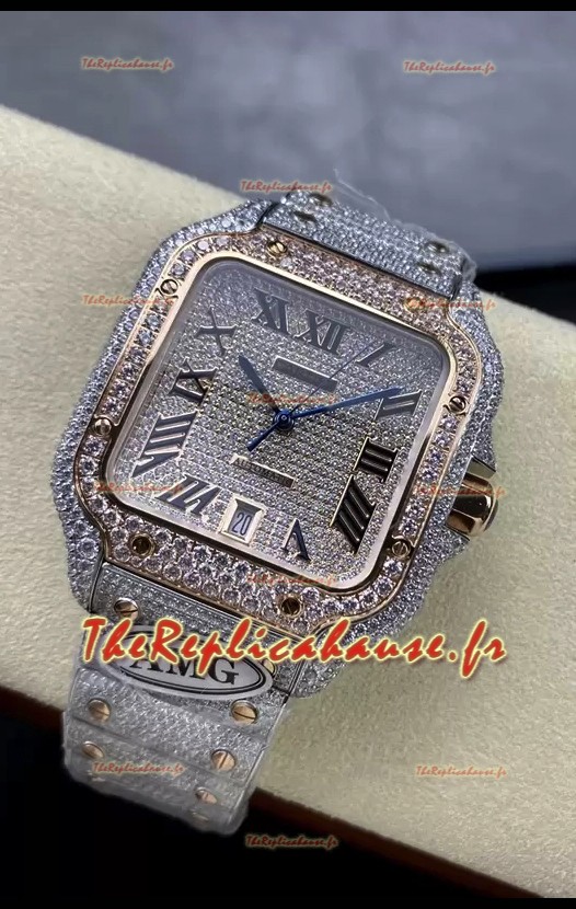 Cartier "Santos De Cartier" 904L Acier Diamants Cadran Romain Réplique miroir 1:1 - 40MM - Diamants Authentiques