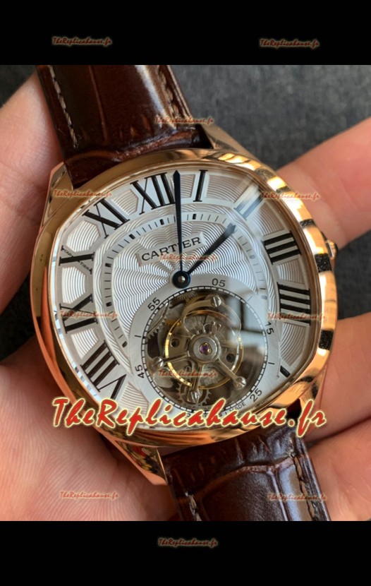 Drive De Cartier Tourbillon Réplique Montre suisse Super Clone en or jaune avec cadran blanc 