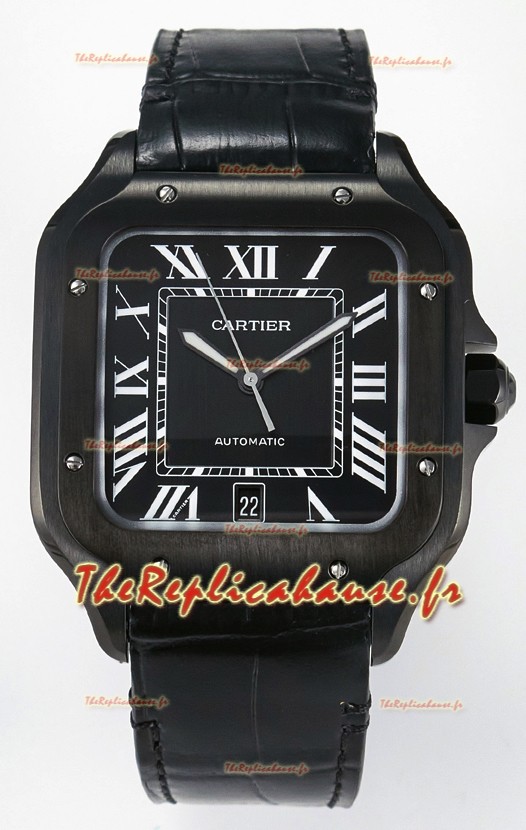 Cartier Santos De Cartier Revêtement DLC sur acier Cadran noir Super Clone Réplique Montre 40MM 