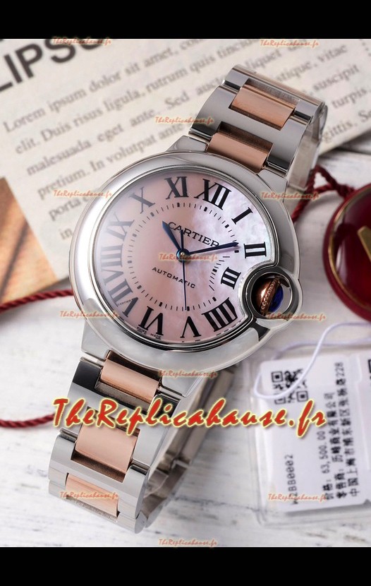 Ballon De Cartier Automatique Suisse Cadran Rose Perle Qualité Miroir 33MM en Boîtier Bicolore