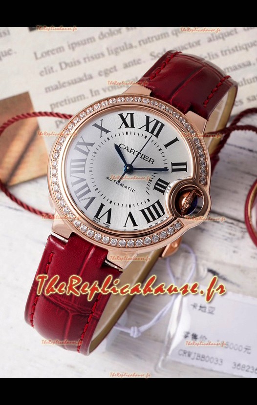 Ballon De Cartier Automatique Suisse Cadran Argenté Qualité Miroir 33MM en Plaqué Or Rose