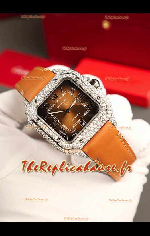 Montre Santos De Cartier avec cadran marron 39.50MM Lunette pavée MOSSANITES Réplique Suisse