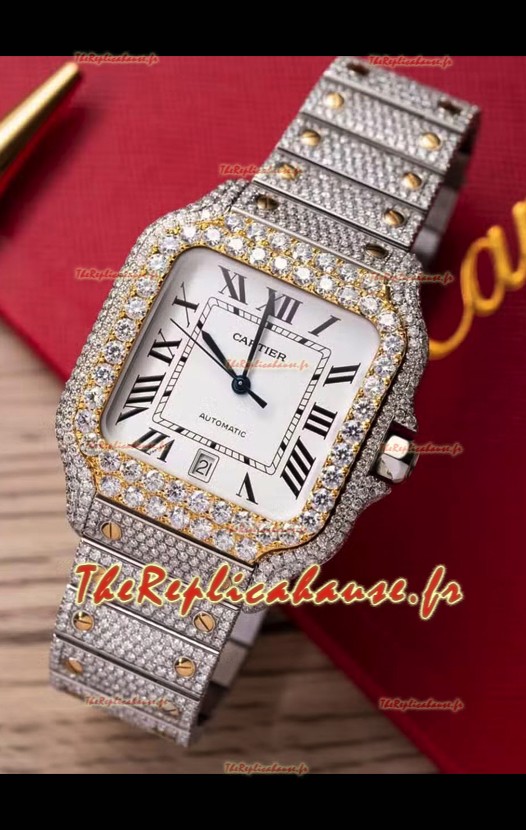 Montre Santos De Cartier avec cadran blanc MOSSANITES Pavé Edition Suisse Réplique Montre