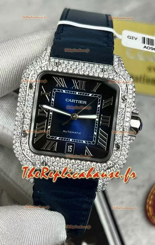 Montre Santos De Cartier avec cadran bleu et lunette pavée MOSSANITES 39.50MM Réplique Montre Suisse