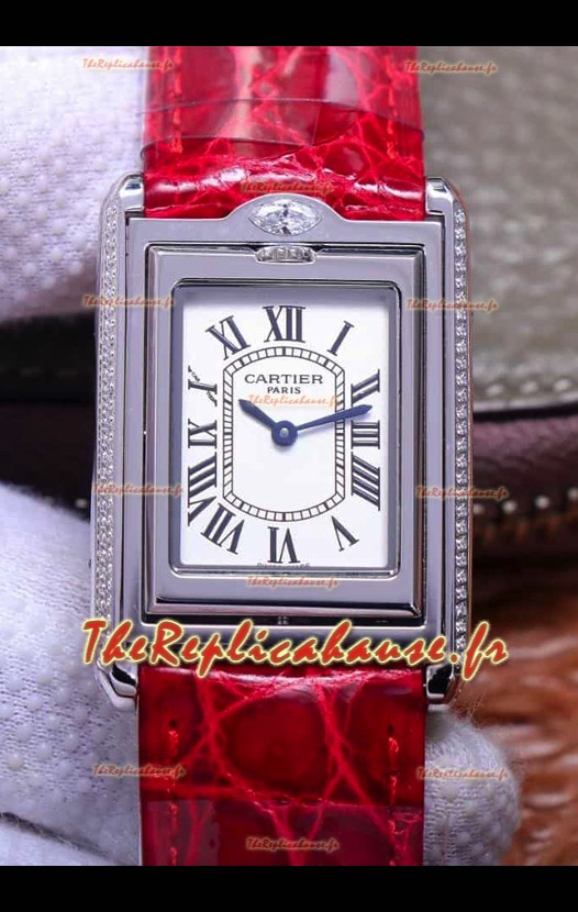 Cartier Tank Reversible Montre Suisse à Quartz Réplique en Boîtier Acier - Bracelet Rouge