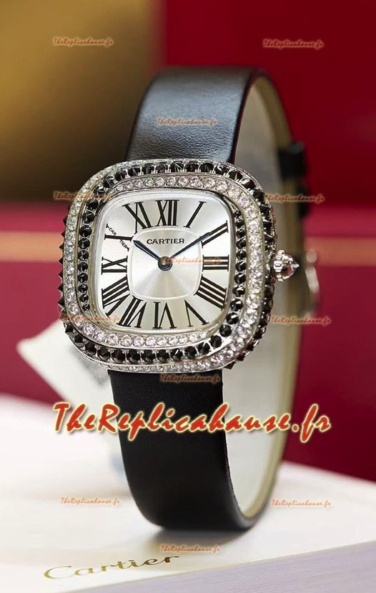 Montre Coussin de Cartier en acier, réplique suisse, bracelet noir