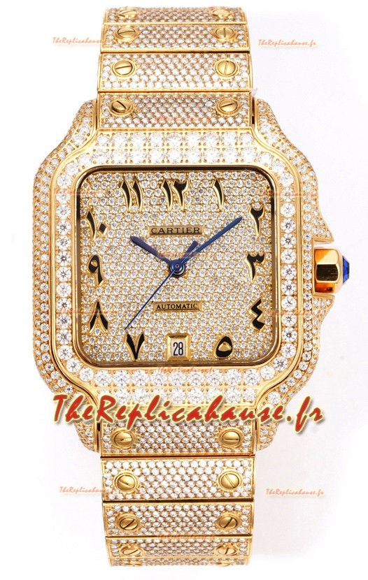 Cartier « Santos De Cartier » en or jaune avec diamants et cadran arabe, réplique miroir 1:1 - 40 mm - Diamants authentiques