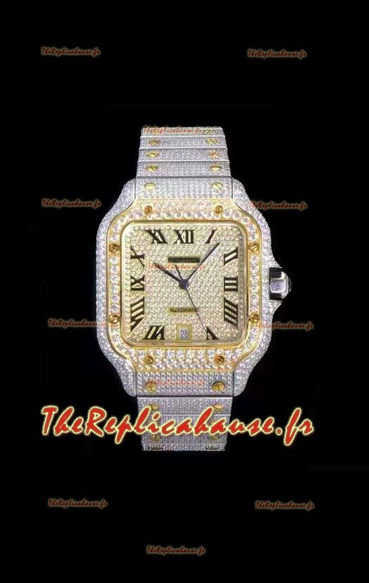 Montre "Santos De Cartier" Réplique Suisse avec cadran incrusté de diamants dans un boîtier bicolore 40MM