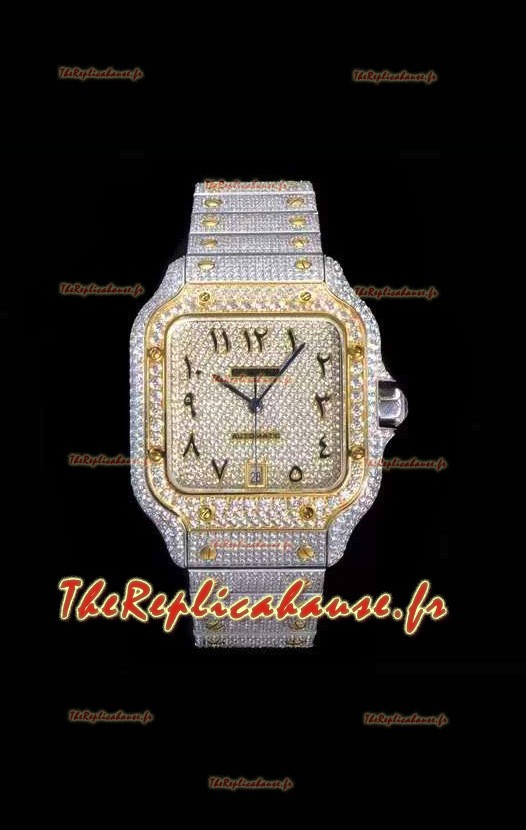Montre "Santos De Cartier" Réplique Suisse avec cadran incrusté de diamants dans un boîtier bicolore 40MM