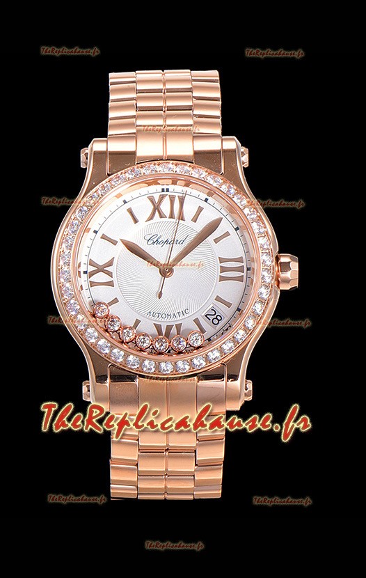 Montre Chopard Happy Sport 1:1 Réplique Suisse Automatique 36MM en Or Rose Cadran Blanc