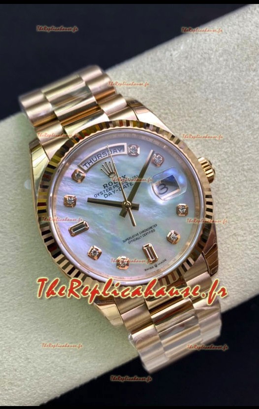 Réplique de montre Rolex Day Date 36MM en or rose avec cadran en nacre blanche 1:1 Miroir