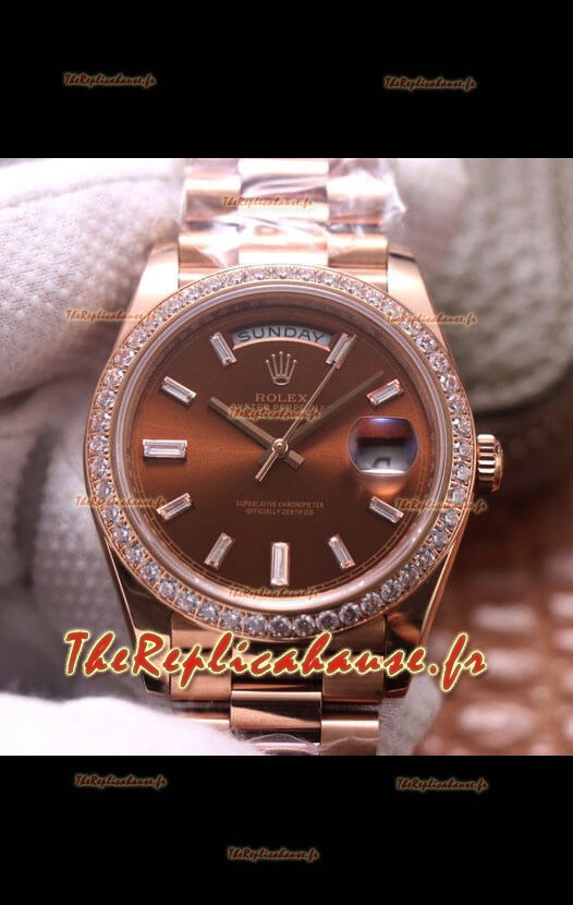 Montre Rolex Day Date Presidential 904L Acier Or Rose 40MM - Cadran brun qualité miroir 1:1 