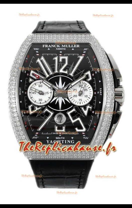 Franck Muller Vanguard V45 Chronographe 904L Acier Cadran Noir avec Diamants Montre Suisse
