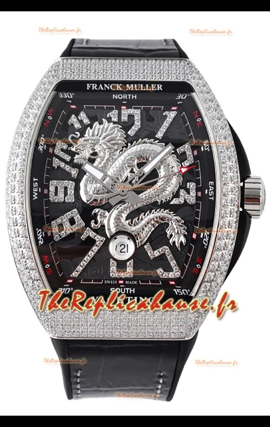 Franck Muller Vanguard Yachting Dragon V45 Cadran noir et lunette diamants Réplique Suisse