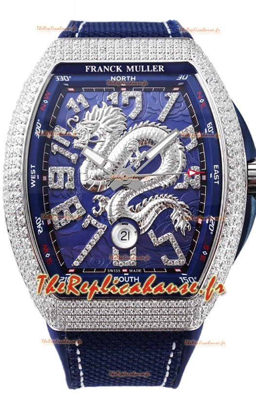 Franck Muller Vanguard Yachting Dragon V45 Cadran bleu et lunette diamants Réplique Suisse