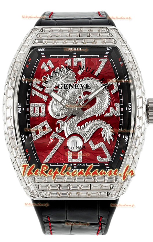 Franck Muller Vanguard Yachting Dragon V45 Cadran Rouge Lunette Diamants Carrés Réplique Suisse