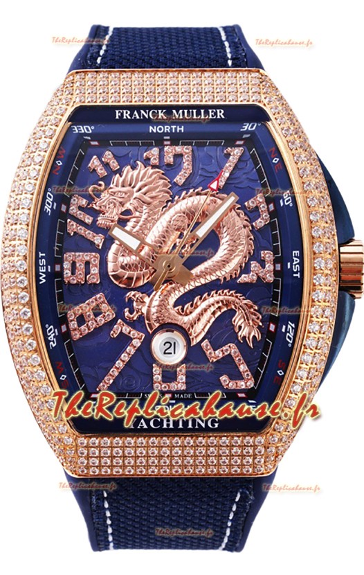 Franck Muller Vanguard Yachting Dragon V45 Cadran Bleu et Lunette Or Diamants Réplique Suisse
