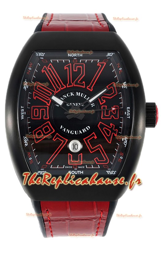 Franck Muller Vanguard en boîtier DLC Cadran noir Bracelet rouge 