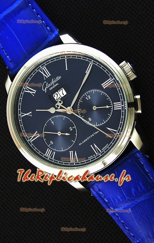 Montre japonaise Glashuette Réplique à double cadran avec un cadran bleu